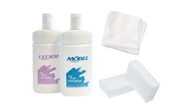 Boîte d'action composée de:
1x Lait pour meubles 250ml / 1x Nettoyant pour matière synthétique 250ml / 5x Chiffons de nettoyage blanc / 1x Éponge efface tache