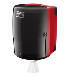 653008 TORK Maxi Reinigungstuch-Spender für Reinigungstücher mit Innenabrollung, Kunststoff rot/schwarz, abschliessbar, inkl. Wandbefestigung, System W2