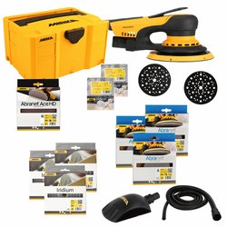 Mirka DEROS II 650 Ø150mm 5,0mm Hub Set bestehend aus:
Abranet Grip Ø150mm P120, P180, P240 (je 10Stk.) | Iridium 121L Ø150mm P80, P120, P180 (je 10Stk.) | Abranet Ace HD Ø150mm P40 (5Stk.) | 1x Schutzauflage Ø150mm 67L 
1 x Softauflage Ø150mm 67L Iridium HS Soft 115x140mm P120, P240 (je 10Stk.) | 1 x Roundy Handblock mit Absaugung | 1 x Absaugschlauch 4m 20–32mm für Handblock | 1 x Mirka Case gelb