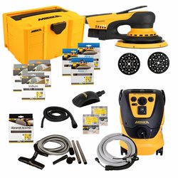 Mirka DEROS II 650 Ø150mm 5,0mm Hub + M AFC Set bestehend aus:
Abranet Grip Ø150mm P120, P180, P240 (je 10Stk.) | Iridium 121L Ø150mm P80, P120, P180 (je 10Stk.) | Abranet Ace HD Ø150mm P40 (5Stk.) | 1x Schutzauflage Ø150mm 67L 
1 x Softauflage Ø150mm 67L | Iridium HS Soft 115x140mm P120, P240 (je 10Stk.) | 1 x Roundy Handblock mit Absaugung | 1 x Absaugschlauch 4m 20–32mm für Handblock | 1 x Mirka Case gelb | 1x Fleecebeutel | 1 x Industrie-Staubsauger 1230 M AFC EU 230 V inkl. Mirka Manschette KIT (Kabel CE 230V + Schlauch 4m) und Reinigungsset für Mirka Industrie