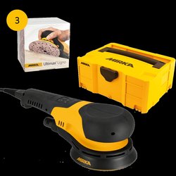 Kit Mirka DEROS RS-System avec Ultimax Ligno comprenant: Mirka DEROS RS 600 150 mm, dans Case + 3 Pack Ultimax Ligno 150 mm Grip, Multifit à 1 x K 40 (50 pcs. / pac), K 80 et K 120 (100 pcs. / pac).